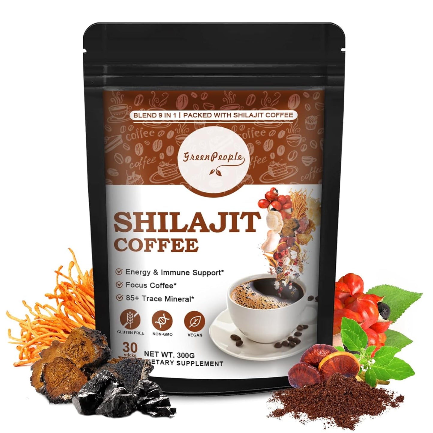 Organic 9-In-1 Shilajit Coffee Powder With Ashwagandha, Chaga, Reishi Mushroom, Ginseng & Trace Minerals - Focus Superfood