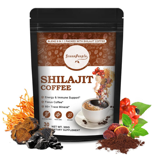 Organic 9-In-1 Shilajit Coffee Powder With Ashwagandha, Chaga, Reishi Mushroom, Ginseng & Trace Minerals - Focus Superfood