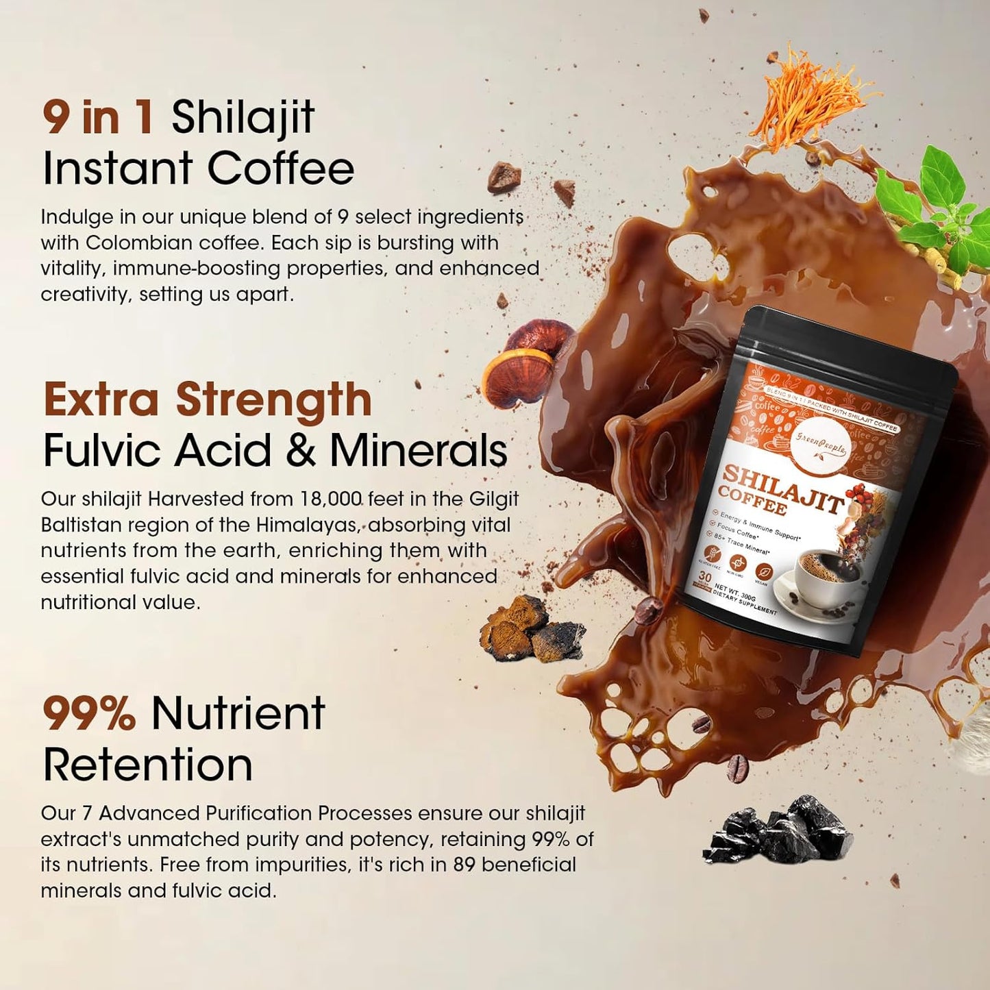 Organic 9-In-1 Shilajit Coffee Powder With Ashwagandha, Chaga, Reishi Mushroom, Ginseng & Trace Minerals - Focus Superfood