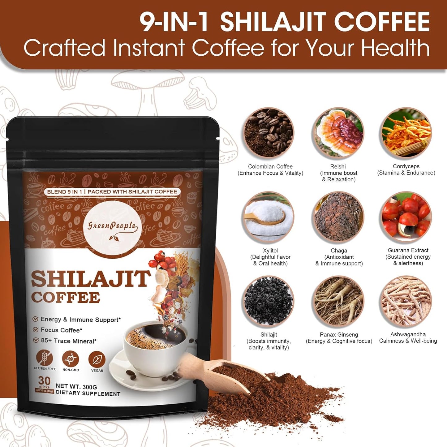 Organic 9-In-1 Shilajit Coffee Powder With Ashwagandha, Chaga, Reishi Mushroom, Ginseng & Trace Minerals - Focus Superfood