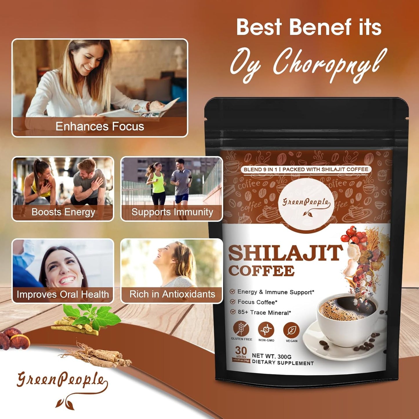 Organic 9-In-1 Shilajit Coffee Powder With Ashwagandha, Chaga, Reishi Mushroom, Ginseng & Trace Minerals - Focus Superfood