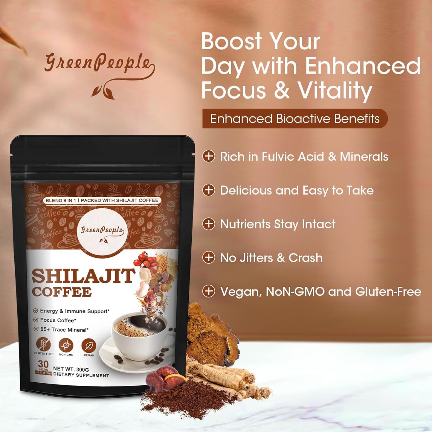 Organic 9-In-1 Shilajit Coffee Powder With Ashwagandha, Chaga, Reishi Mushroom, Ginseng & Trace Minerals - Focus Superfood