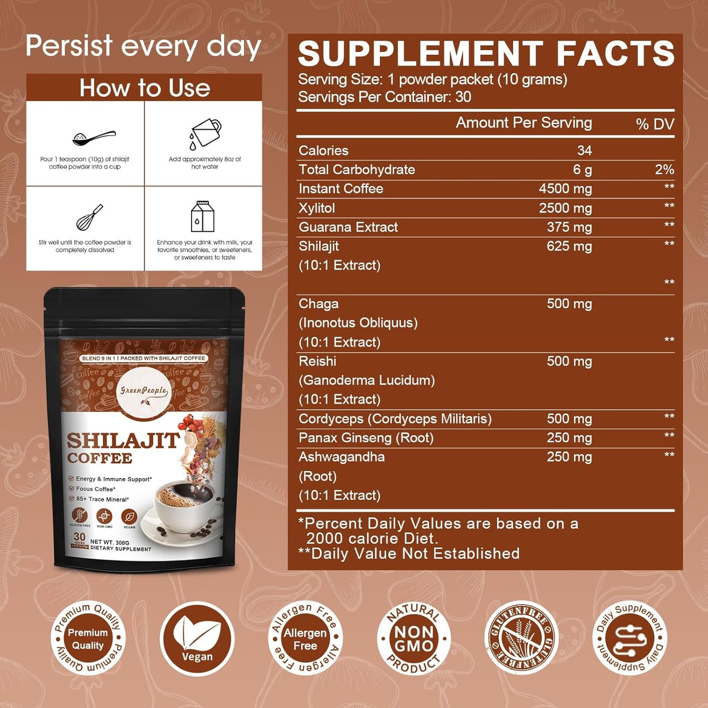 Organic 9-In-1 Shilajit Coffee Powder With Ashwagandha, Chaga, Reishi Mushroom, Ginseng & Trace Minerals - Focus Superfood