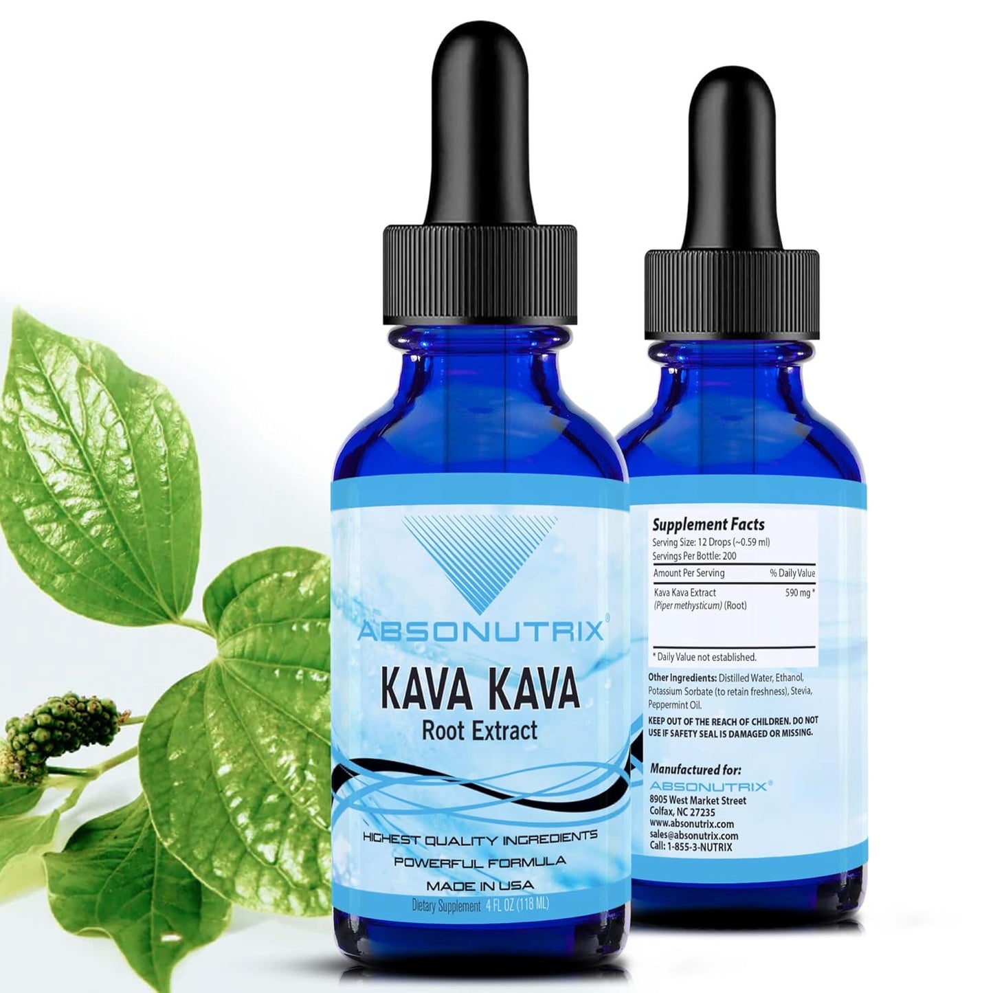 Organic Absonutrix Kava Kava Root Extract Liquid 590mg 4 Oz - USA Made, Fast Absorption, High Quality, Non-GMO, GMP Certified - Cruelty-Free
