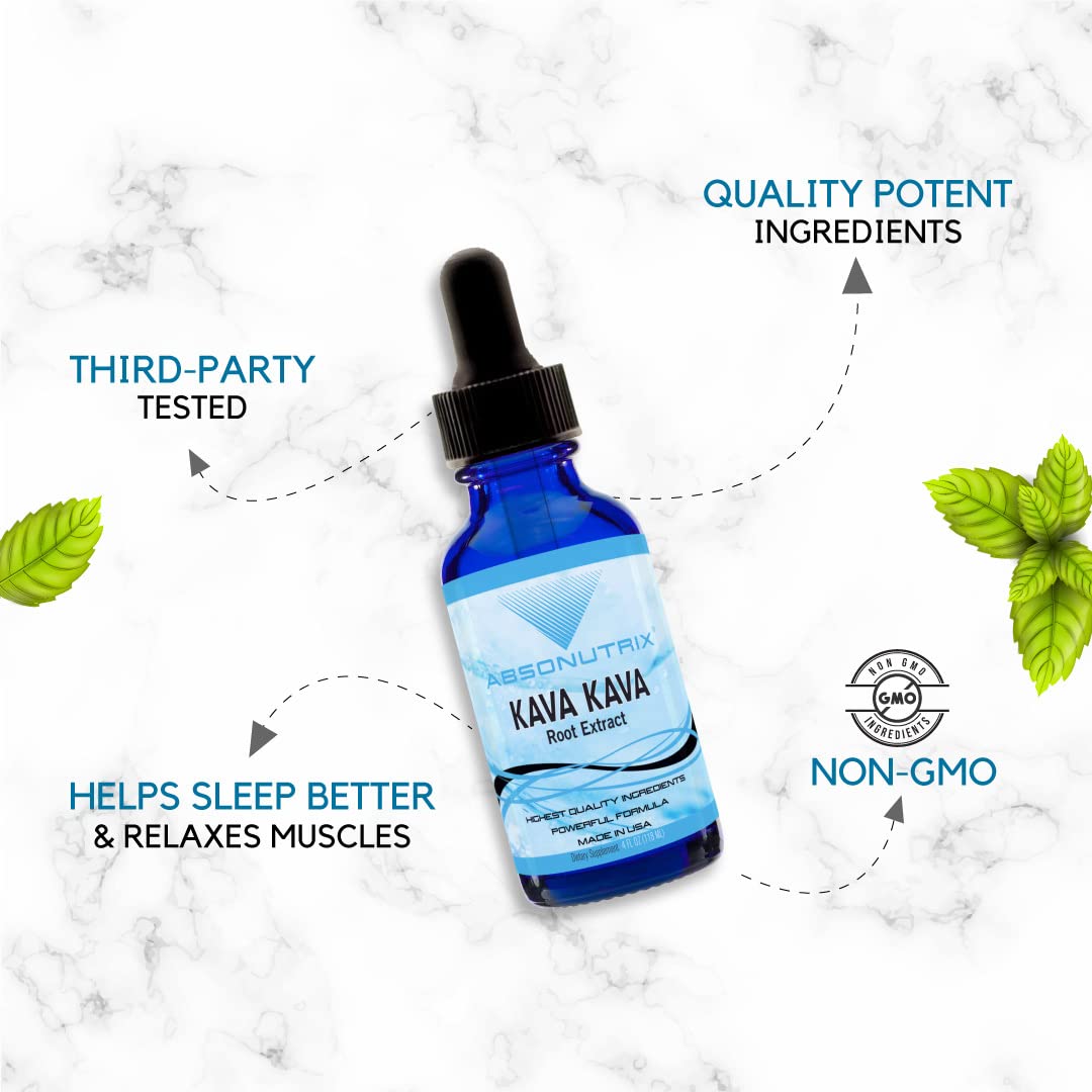 Organic Absonutrix Kava Kava Root Extract Liquid 590mg 4 Oz - USA Made, Fast Absorption, High Quality, Non-GMO, GMP Certified - Cruelty-Free