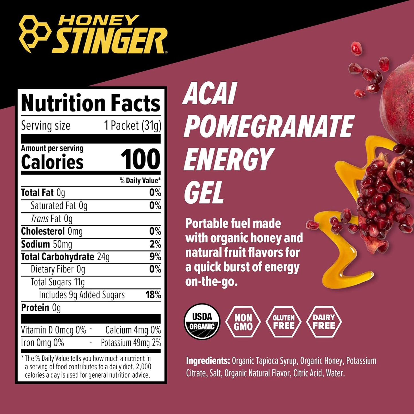 Organic Acai Pomegranate Energy Gel - Gluten & Caffeine Free for Exercise & Running - Sports Nutrition 24 Pack