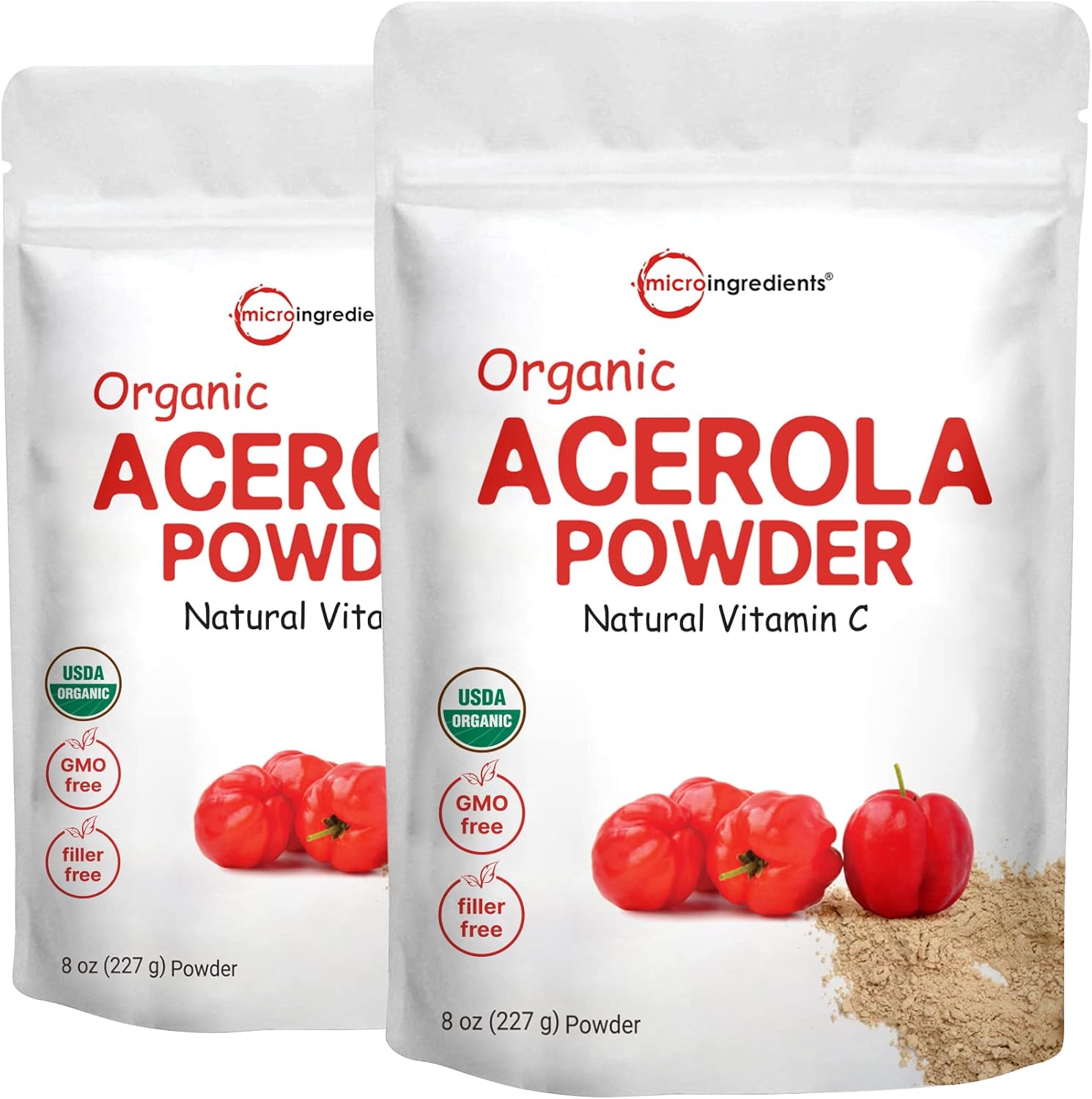 Organic Acerola Cherry Powder 2 Pack - Natural Vitamin C Boost for Immune System - 8oz USDA Organic, Non-GMO, Gluten-Free - Brazil-Origin