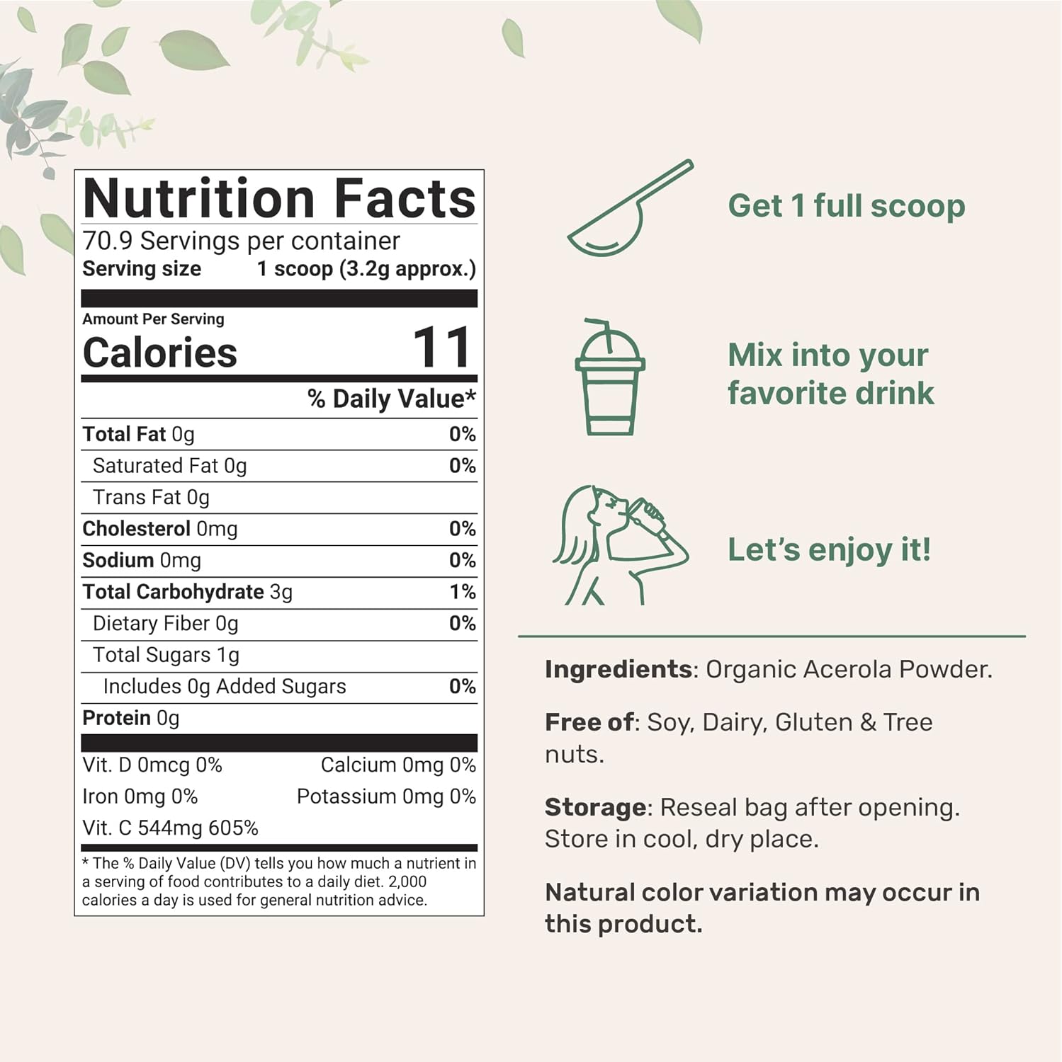 Organic Acerola Cherry Powder 2 Pack - Natural Vitamin C Boost for Immune System - 8oz USDA Organic, Non-GMO, Gluten-Free - Brazil-Origin