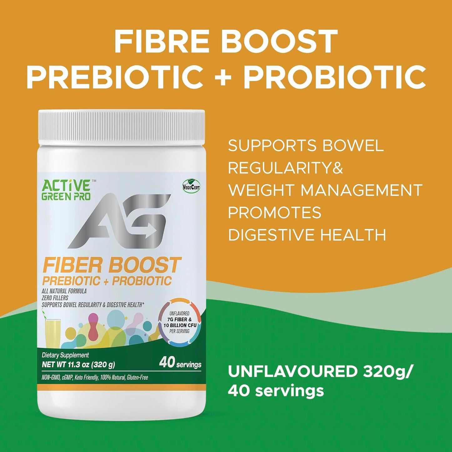 Organic Active Green Pro Fibre Boost Prebiotic + Probiotic for Digestive Health - Unflavoured, Gluten & Sugar Free - 320g