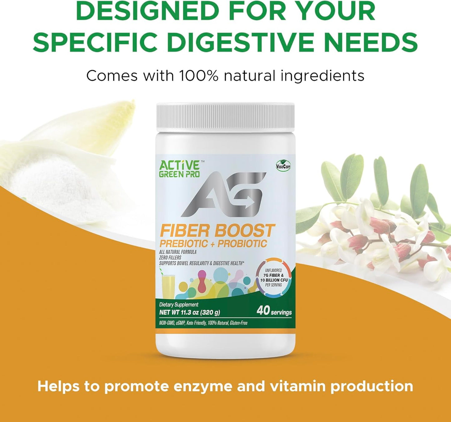 Organic Active Green Pro Fibre Boost Prebiotic + Probiotic for Digestive Health - Unflavoured, Gluten & Sugar Free - 320g