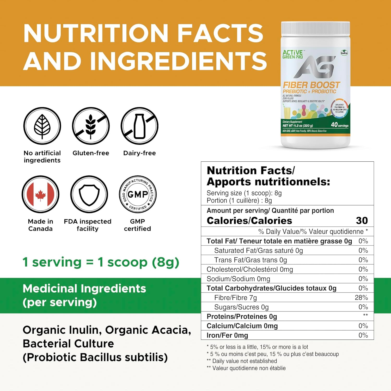 Organic Active Green Pro Fibre Boost Prebiotic + Probiotic for Digestive Health - Unflavoured, Gluten & Sugar Free - 320g