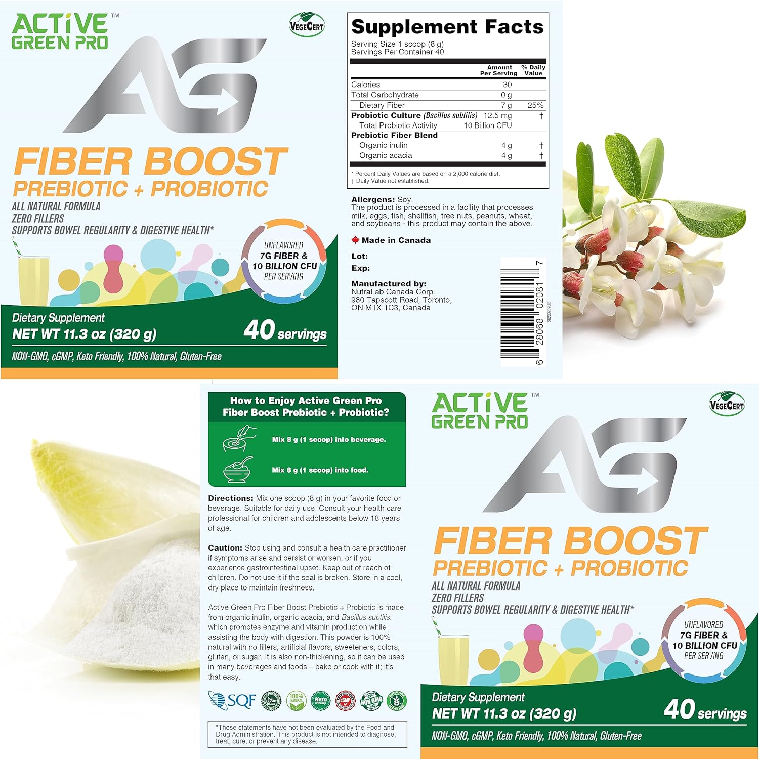 Organic Active Green Pro Fibre Boost Prebiotic + Probiotic for Digestive Health - Unflavoured, Gluten & Sugar Free - 320g