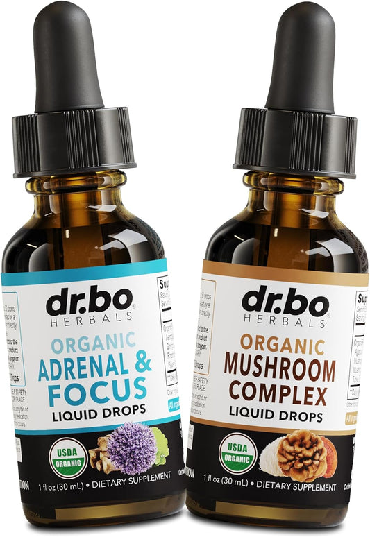 Organic Adrenal Support Liquid Drops with Mushroom Complex for Focus and Cortisol Balance