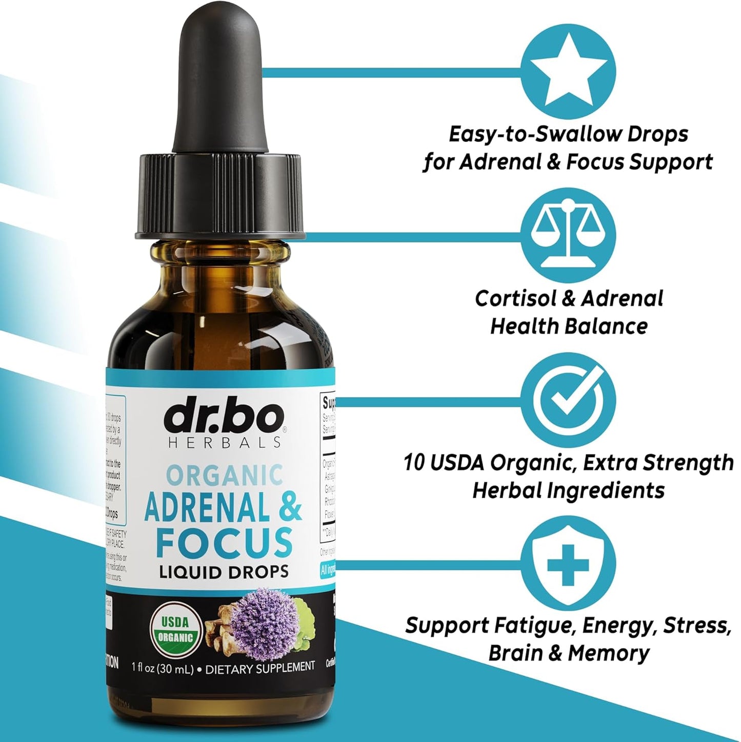 Organic Adrenal Support Liquid Drops with Mushroom Complex for Focus and Cortisol Balance
