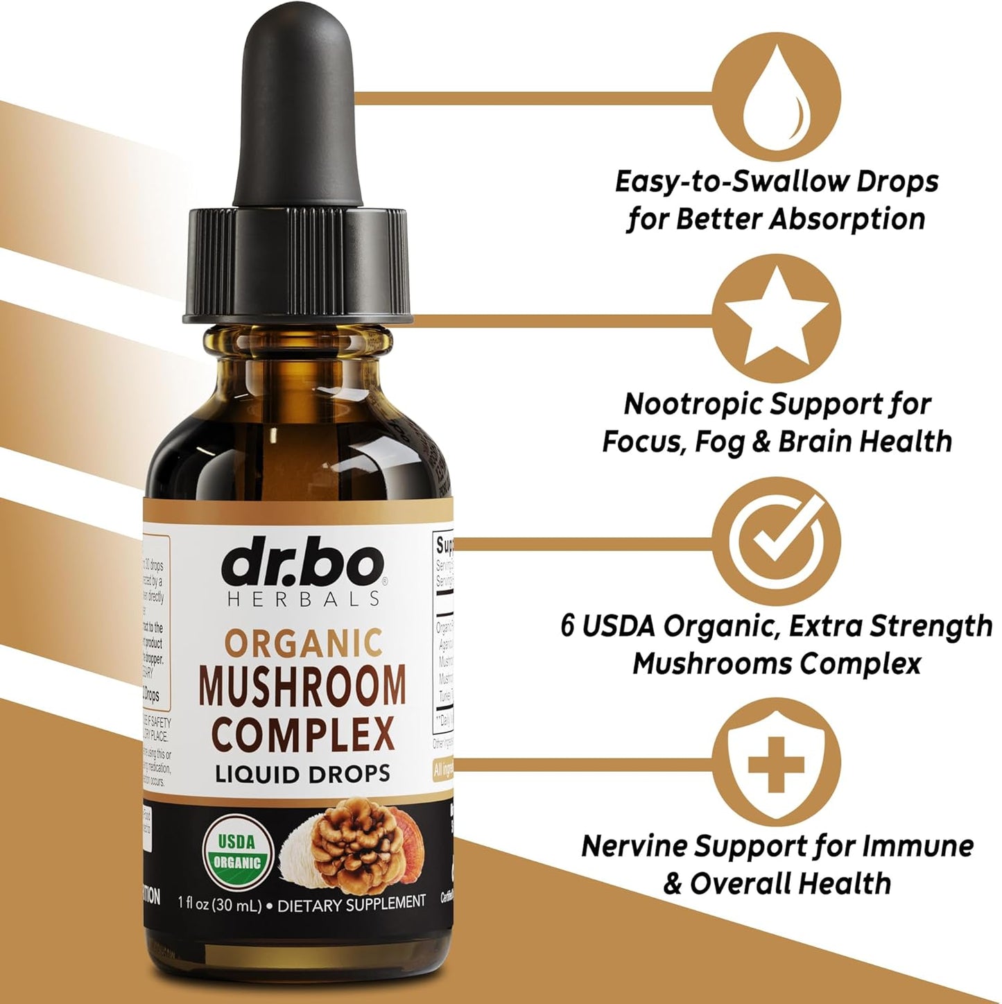Organic Adrenal Support Liquid Drops with Mushroom Complex for Focus and Cortisol Balance