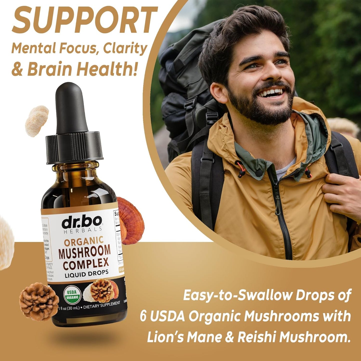 Organic Adrenal Support Liquid Drops with Mushroom Complex for Focus and Cortisol Balance