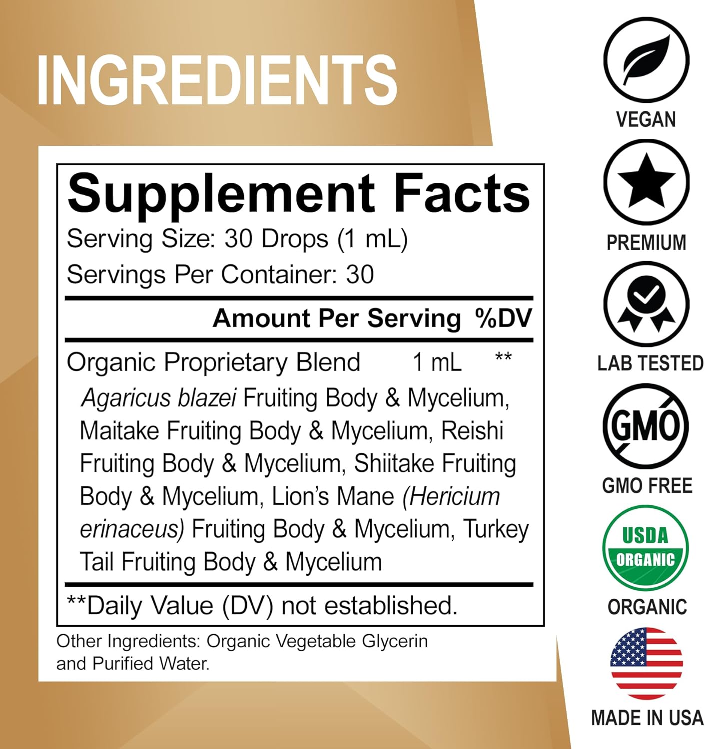 Organic Adrenal Support Liquid Drops with Mushroom Complex for Focus and Cortisol Balance