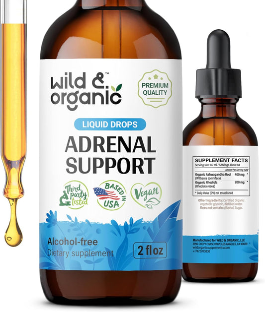 Organic Adrenal Support Tincture with Ashwagandha & Rhodiola Rosea - Vegan Formula, Sugar & Alcohol-Free - 1-Month Supply - 2 fl oz