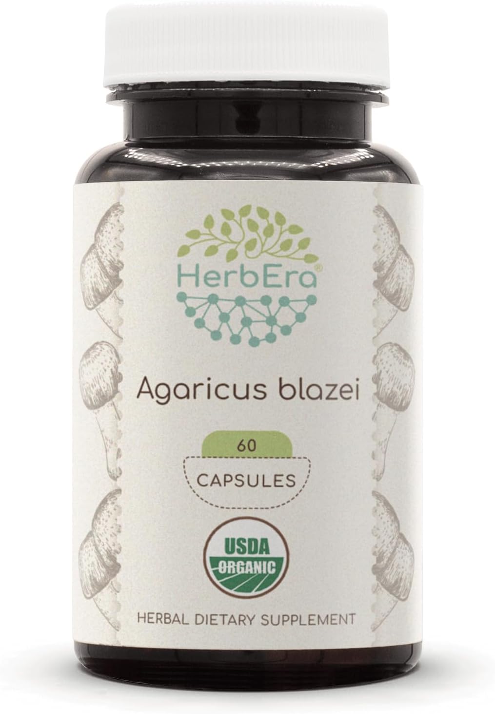 Organic Agaricus Blazei Mushroom Capsules - USDA Certified Herbal Supplement with Vegetarian Capsules - HerbEra Agaricus Blazei (60 Capsules)