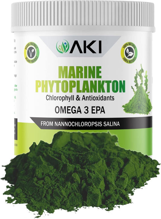 Organic AKI Marine Phytoplankton Powder: Raw Omega-3 EPA Micro Algae Nannochloropsis, Plant Proteins, Vitamins - Vegan, GMO Free - 2oz