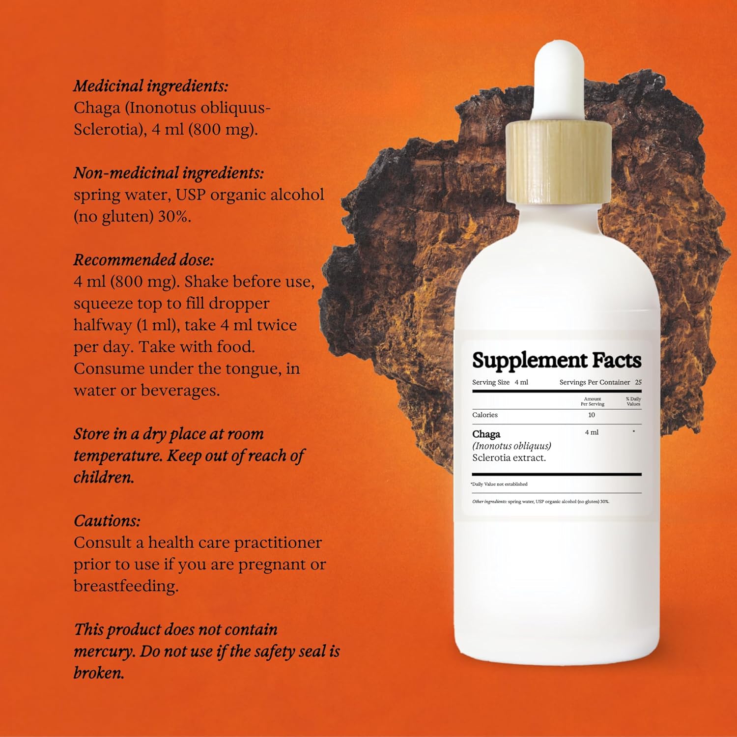 Organic Alcohol-Free Chaga Mushroom Tincture for Immune and Cellular Support - Vegan Liquid Supplement, Non-GMO - 3.4 fl oz