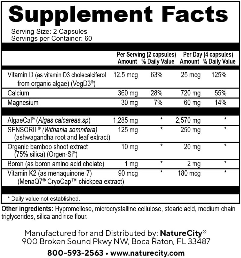 Organic AlgaeCal Calcium Supplement for Bone Strength - 360 Veggie Capsules with Vitamin D3, K2, Magnesium, Silicon, and Stress Support