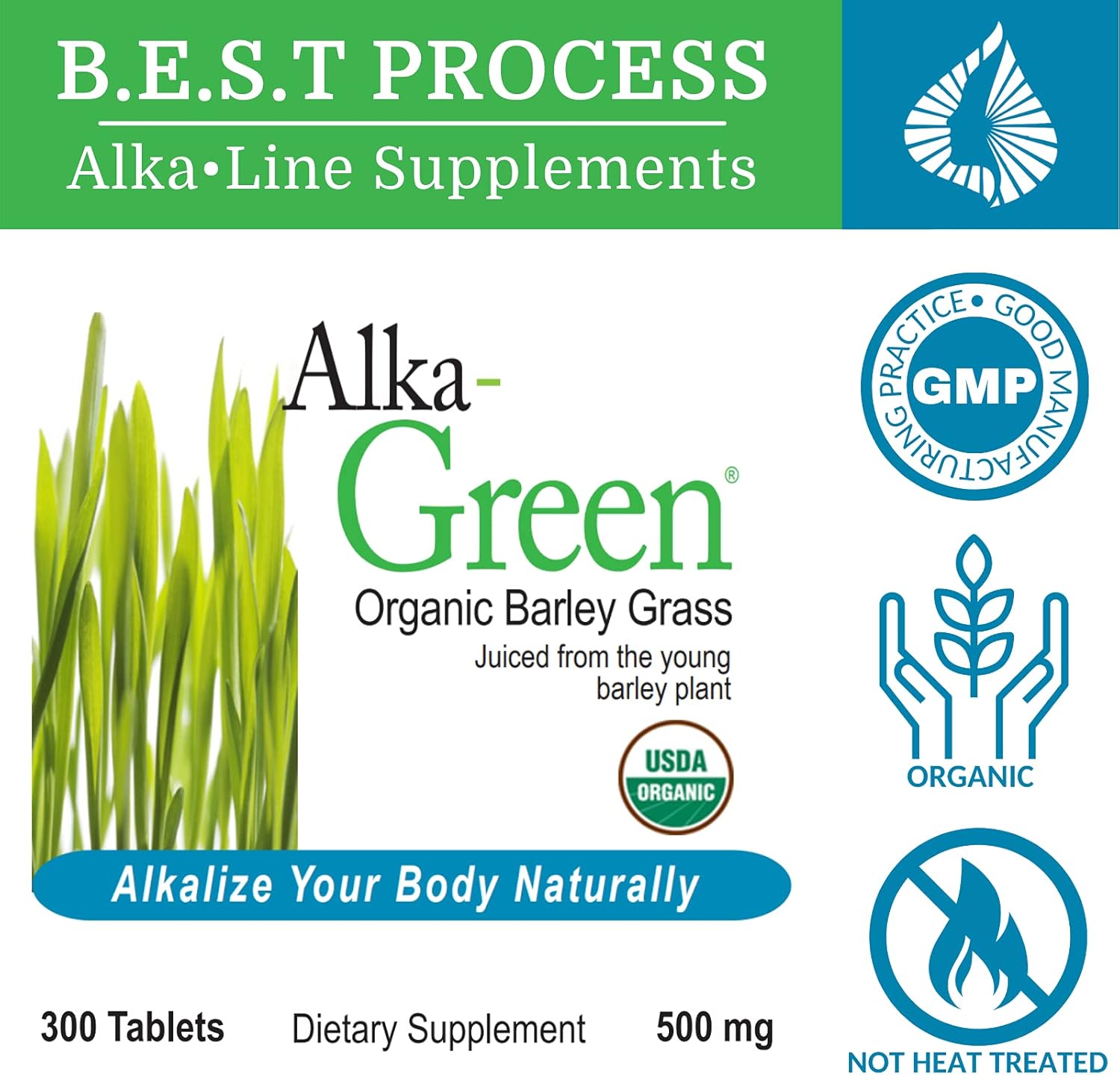 Organic Alka•Green Barley Grass Tablets (2 Pack) - Nutrient Dense Alkaline Supplement with Enzymes & Amino Acids