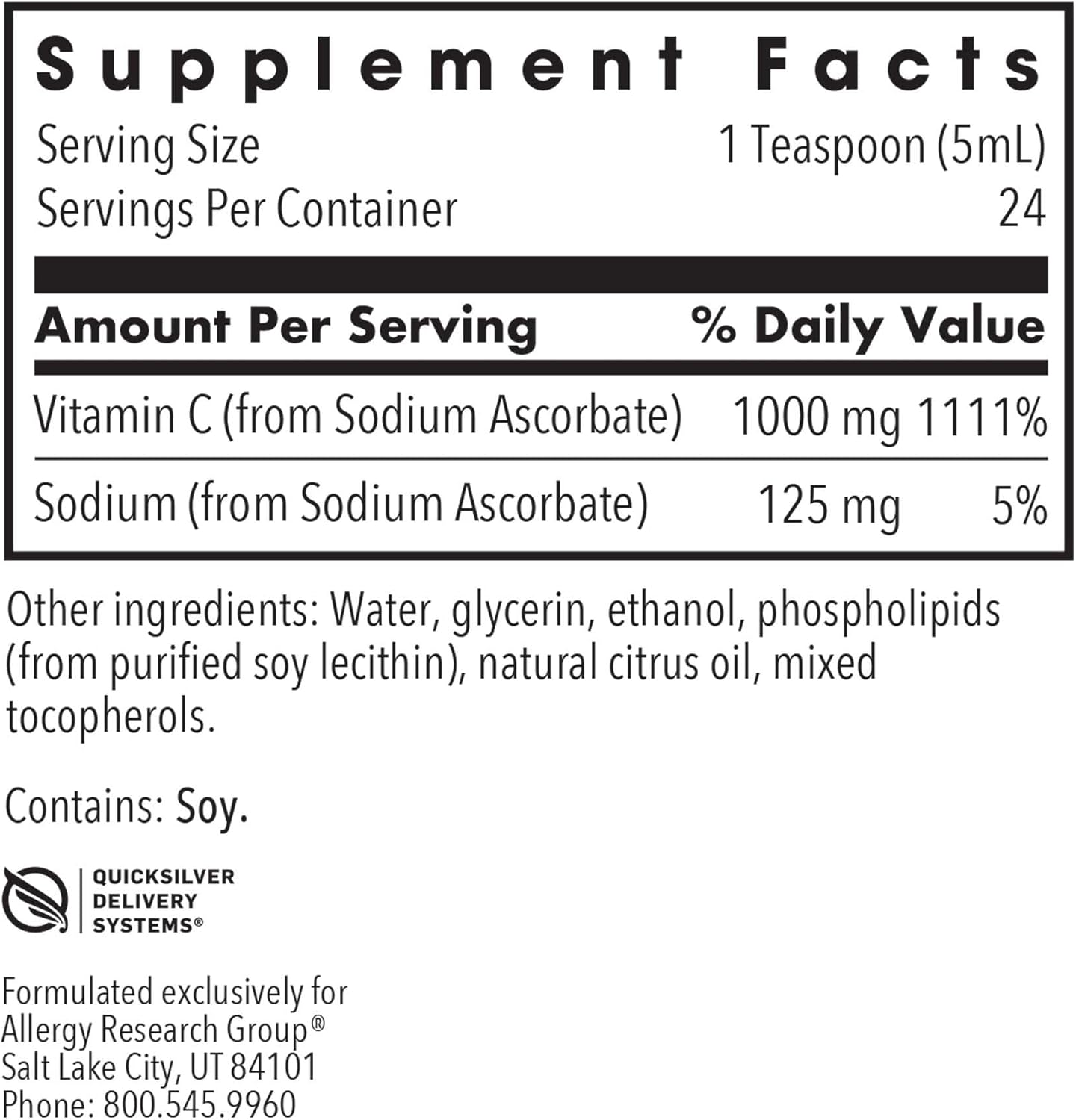 Organic Allergy Research Group Liposomal Vitamin C 1000mg Liquid Supplement - Non-GMO, Bioavailable with Sunflower Phospholipids - 4 Fl Oz