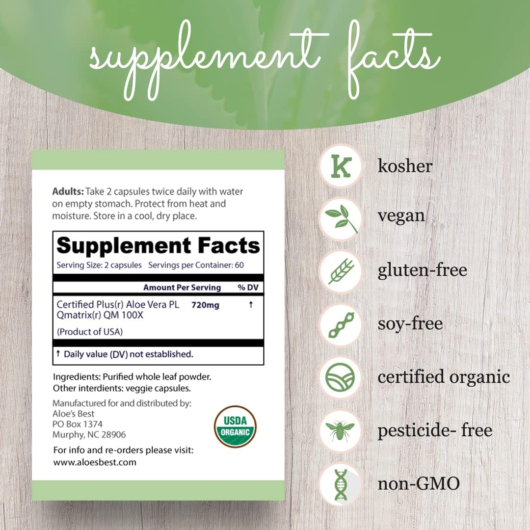 Organic Aloe Vera Capsules - 120 Veggie Caps, Pure Whole Leaf Powder Supplement for Healthy Skin, Hair, Nails