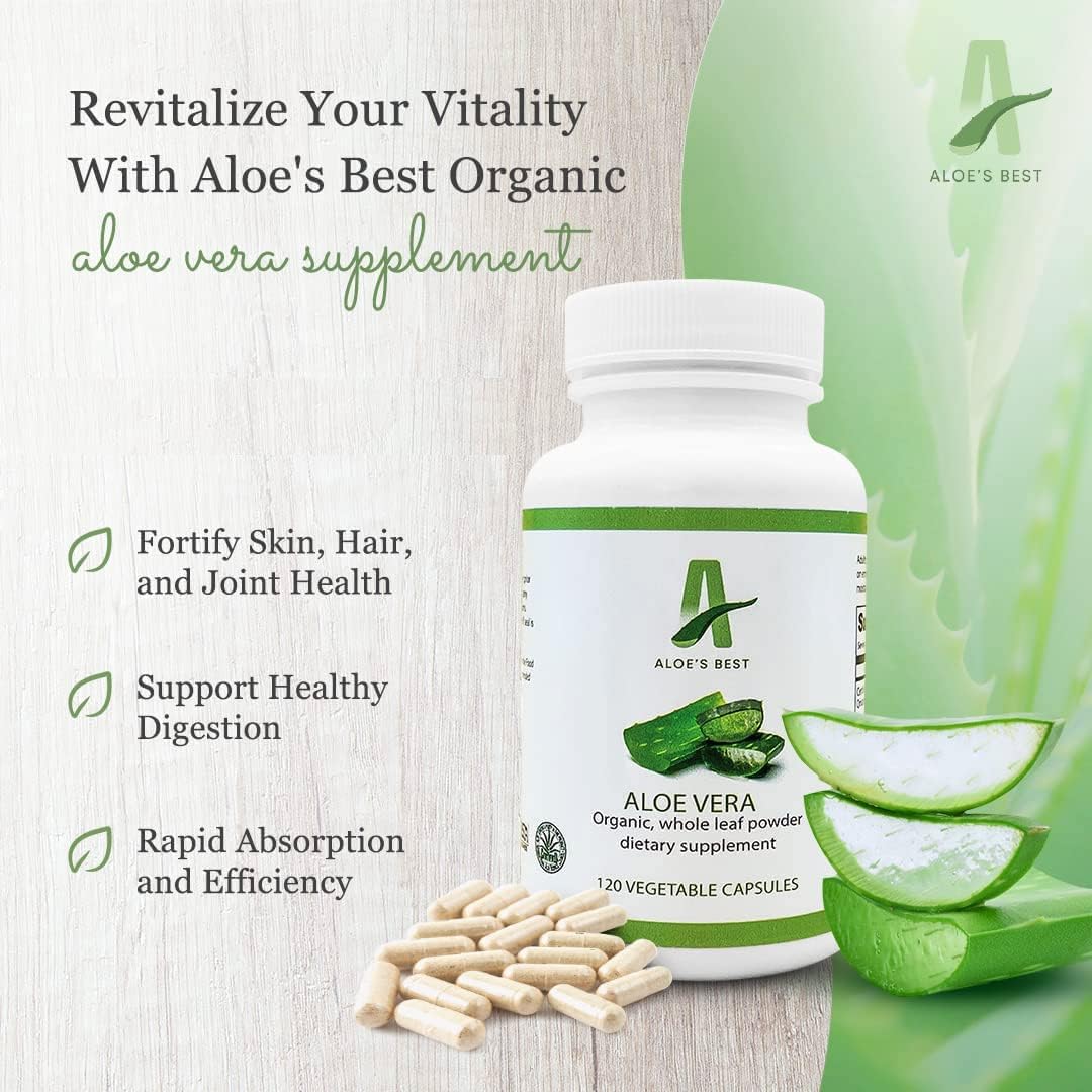 Organic Aloe Vera Capsules - 120 Veggie Caps, Pure Whole Leaf Powder Supplement for Healthy Skin, Hair, Nails