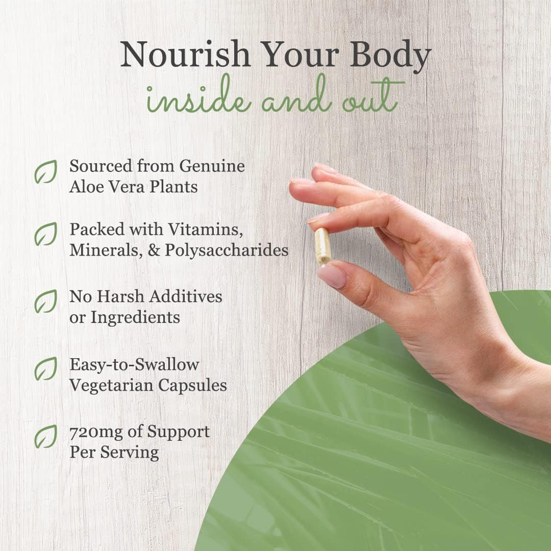 Organic Aloe Vera Capsules - 120 Veggie Caps, Pure Whole Leaf Powder Supplement for Healthy Skin, Hair, Nails