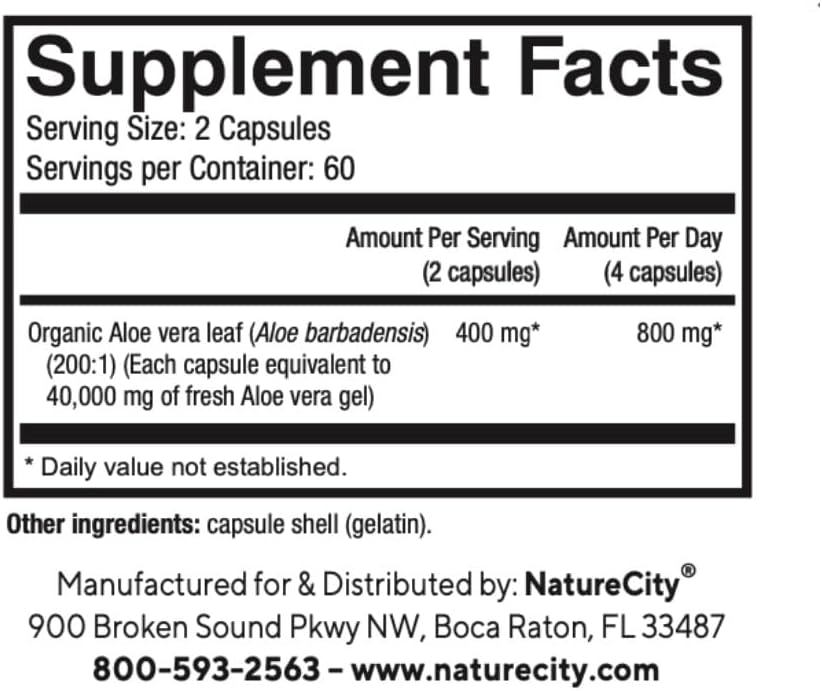 Organic Aloe Vera Capsules with 80,000mg Gel Equivalent - Digestive, Skin, and Joint Support - 360 Small Easy-to-Swallow Pills by NatureCity