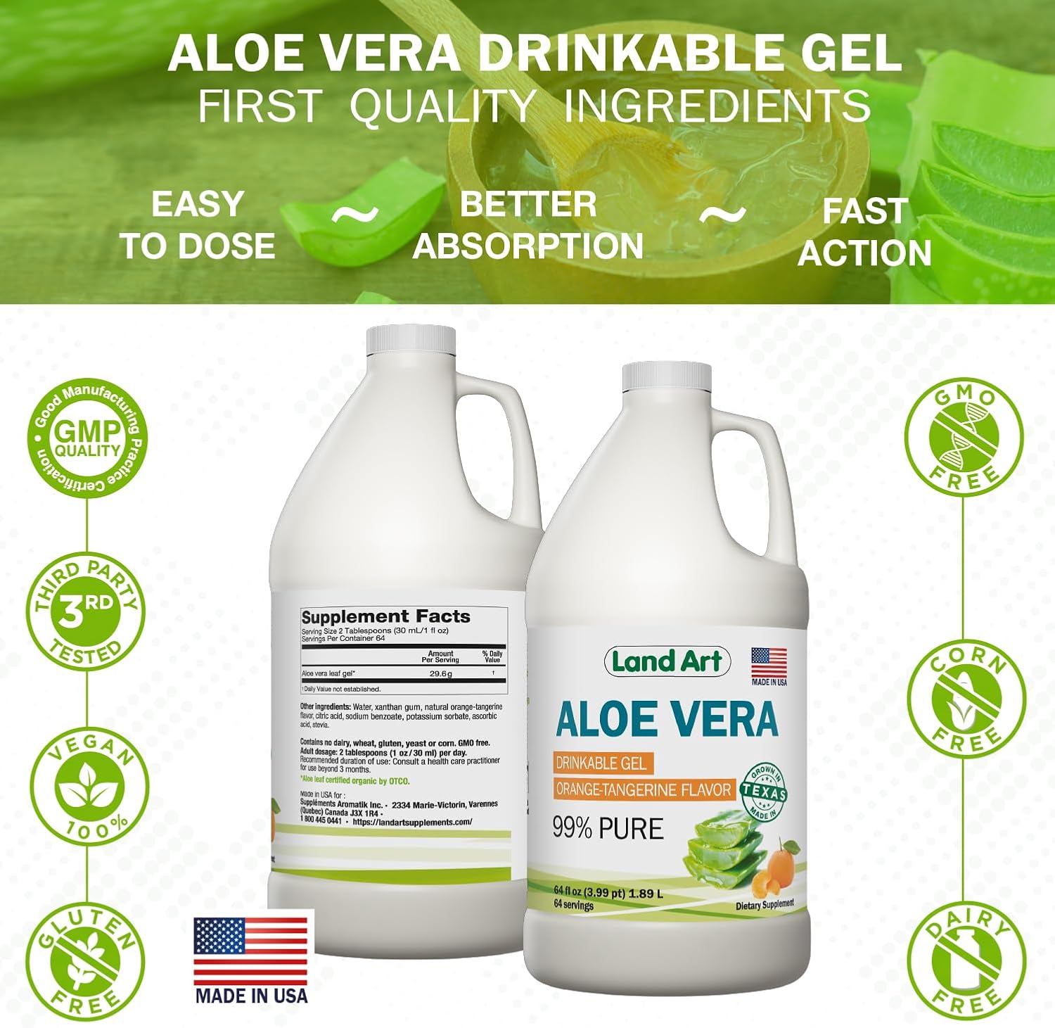 Organic Aloe Vera Drinkable Gel with Orange Tangerine & Mint Liquid Chlorophyll - Cold-Processed & Fresh from Non-GMO Sources - 64floz + 16floz