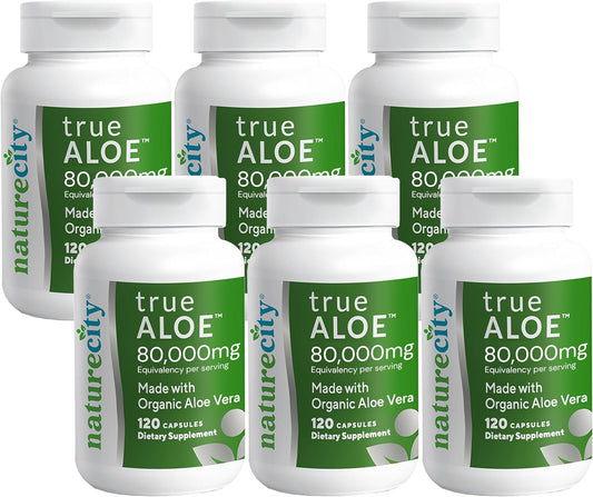 Organic Aloe Vera Gel Capsules 80,000mg - Digestive, Skin & Joint Support - 720 Pills - Easy to Swallow - NatureCity True-Aloe