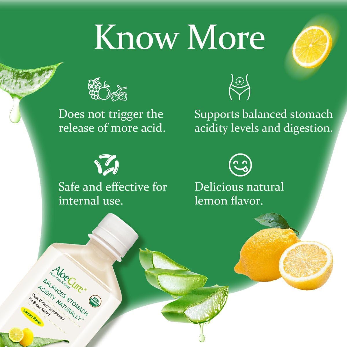 Organic Aloe Vera Juice with Lemon Flavor - Digestive Supplement for Stomach Acidity - Supports Digestive and Immune Health - 6 Bottles x 16.7oz
