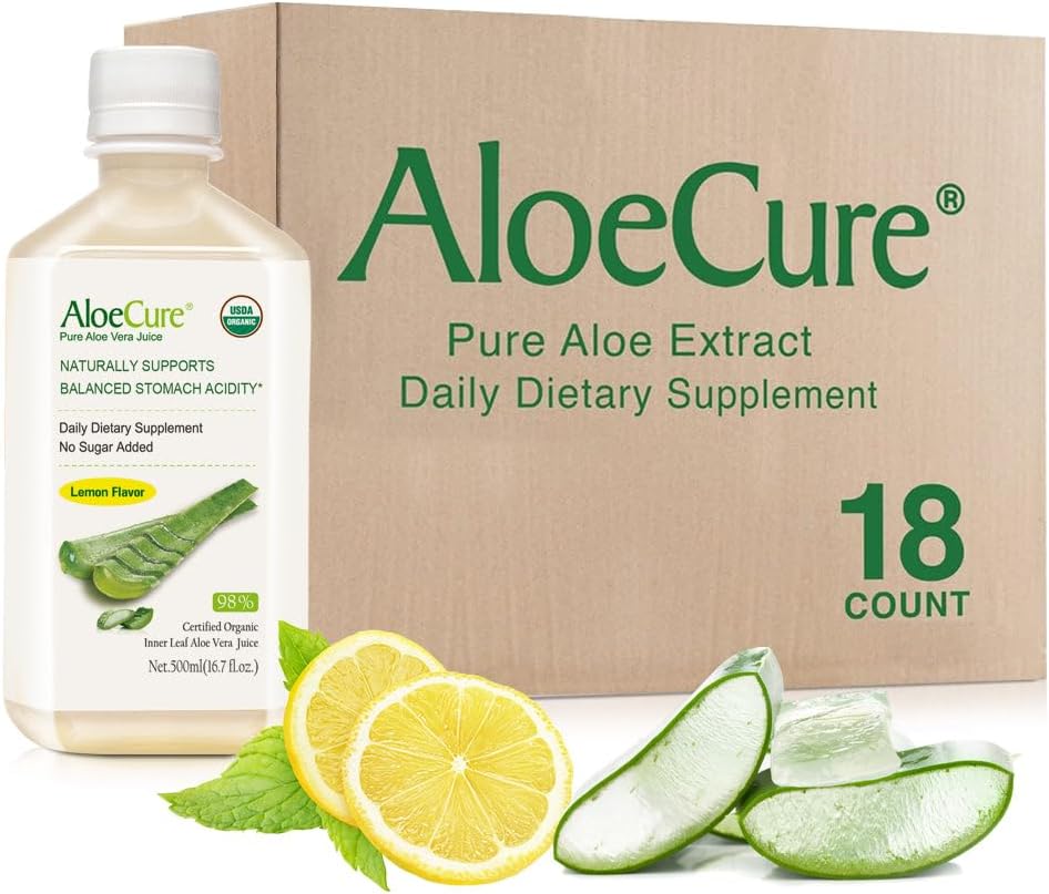 Organic Aloe Vera Juice with Lemon Flavor for Digestive Health - USDA Certified, Freshly Harvested, 18 Bottles x 16.7oz - Support Immune System & Balance Stomach Acidity