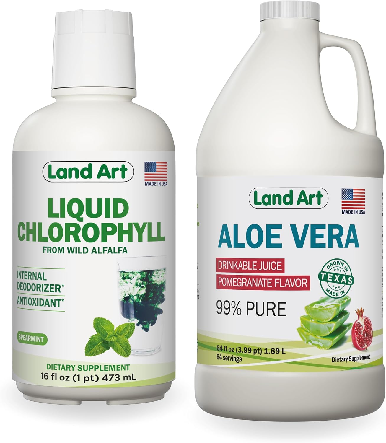 Organic Aloe Vera Juice with Pomegranate Flavor + Mint Liquid Chlorophyll Extract - Cold Processed and Cold Extracted - 64floz + 16floz