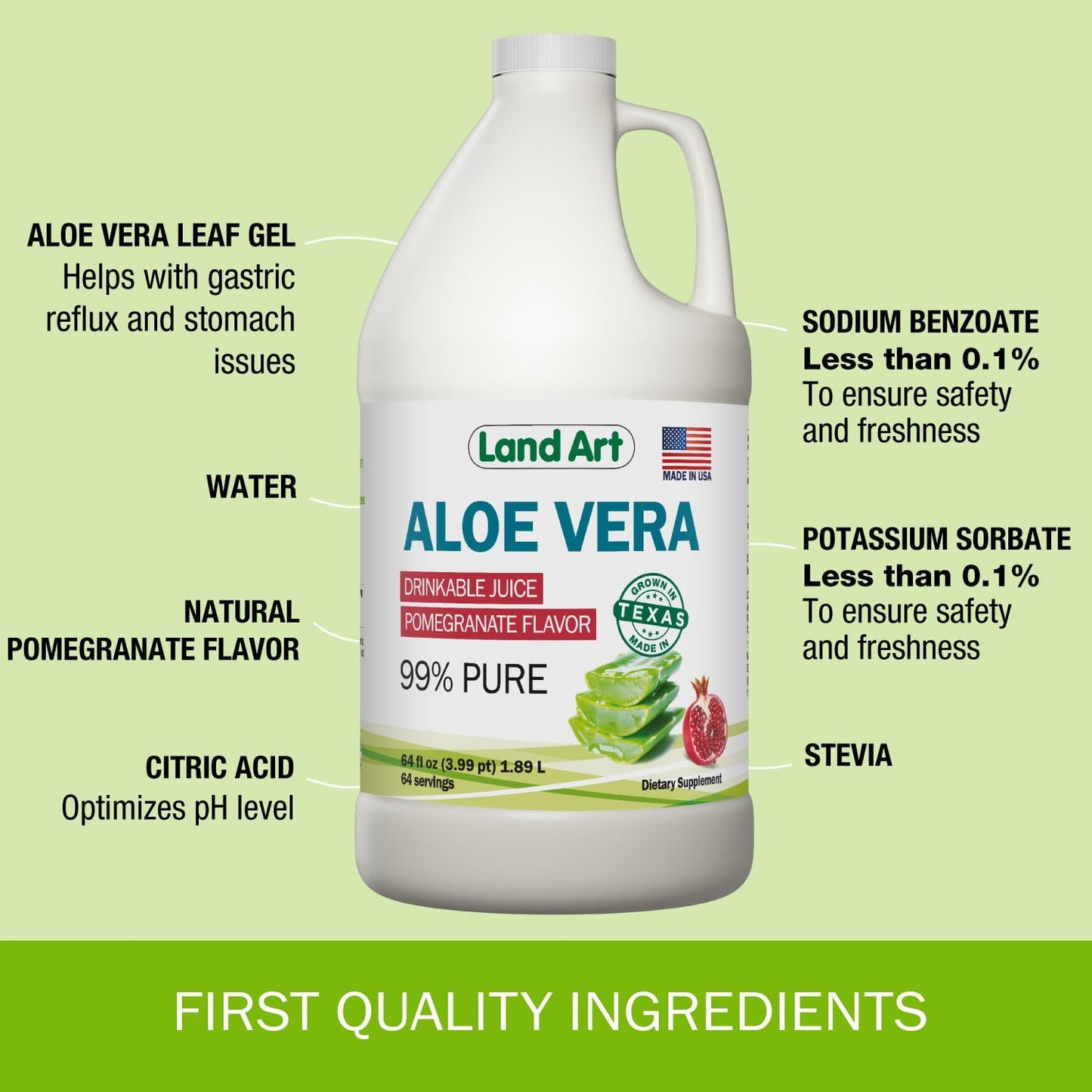 Organic Aloe Vera Juice with Pomegranate Flavor + Mint Liquid Chlorophyll Extract - Cold Processed and Cold Extracted - 64floz + 16floz