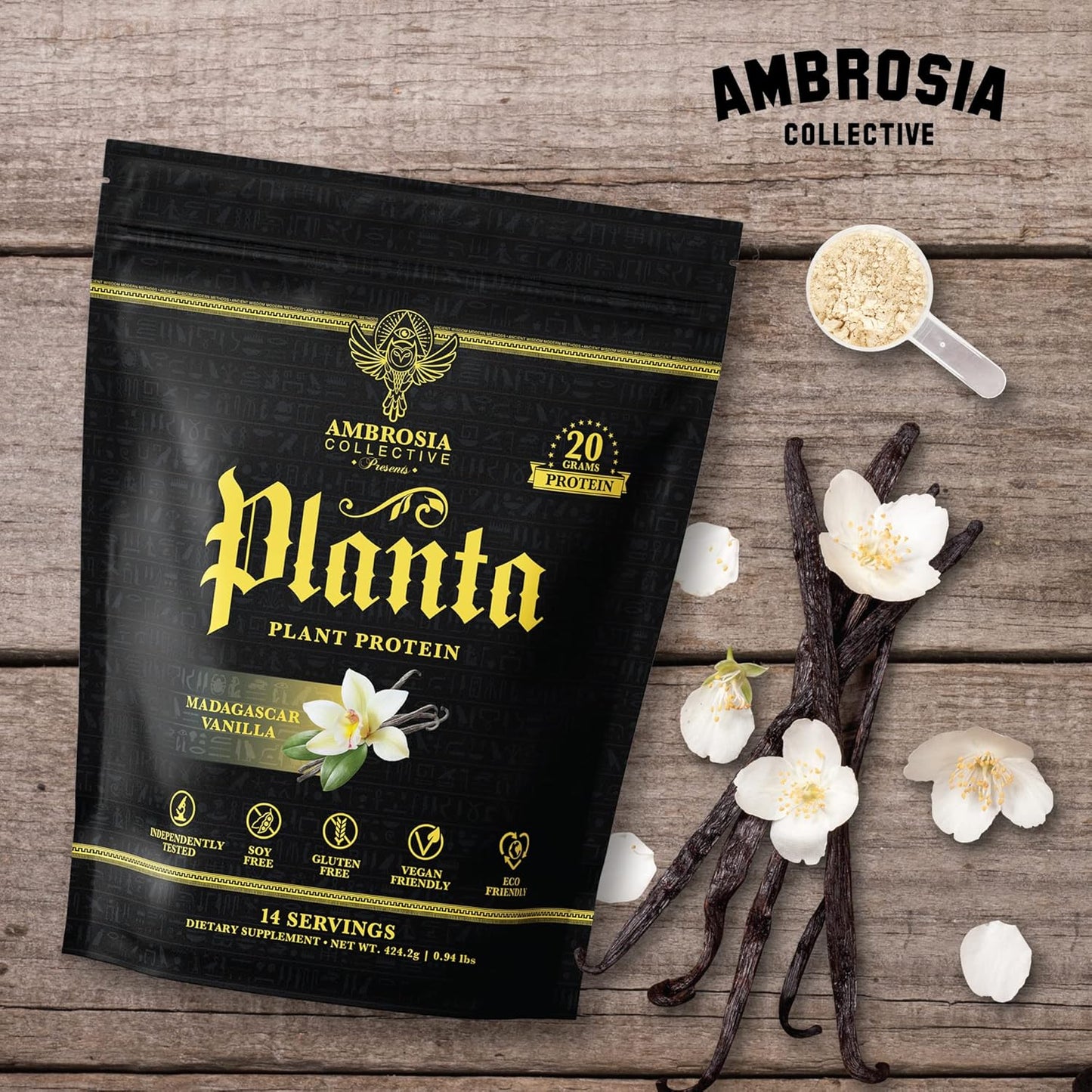 Organic Ambrosia Planta Plant-Based Protein - Vegan & Keto Friendly with Gourmet Vanilla Flavor | Gluten & Soy Free | No Added Sugar | 14 Servings