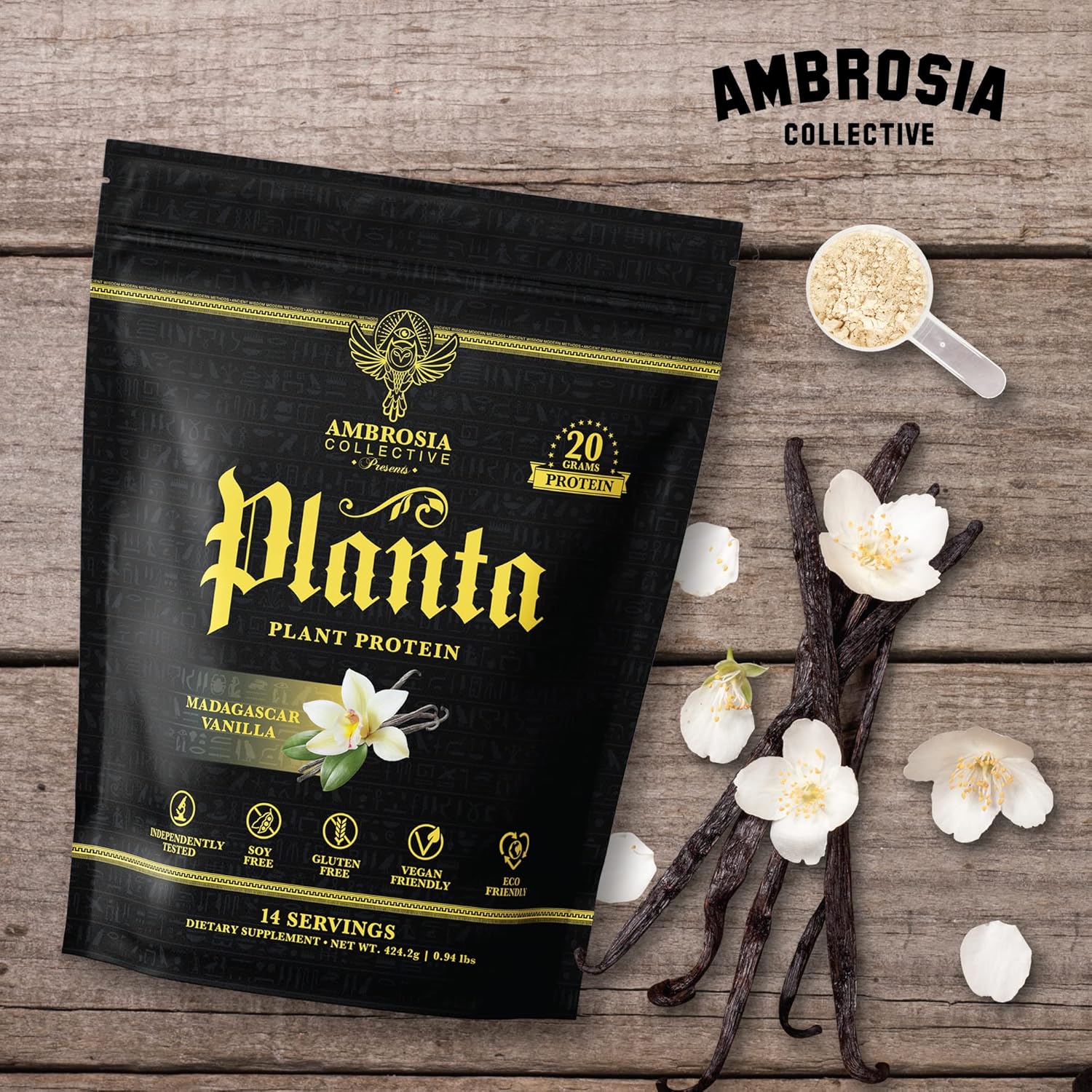 Organic Ambrosia Planta Plant-Based Protein - Vegan & Keto Friendly with Gourmet Vanilla Flavor | Gluten & Soy Free | No Added Sugar | 14 Servings