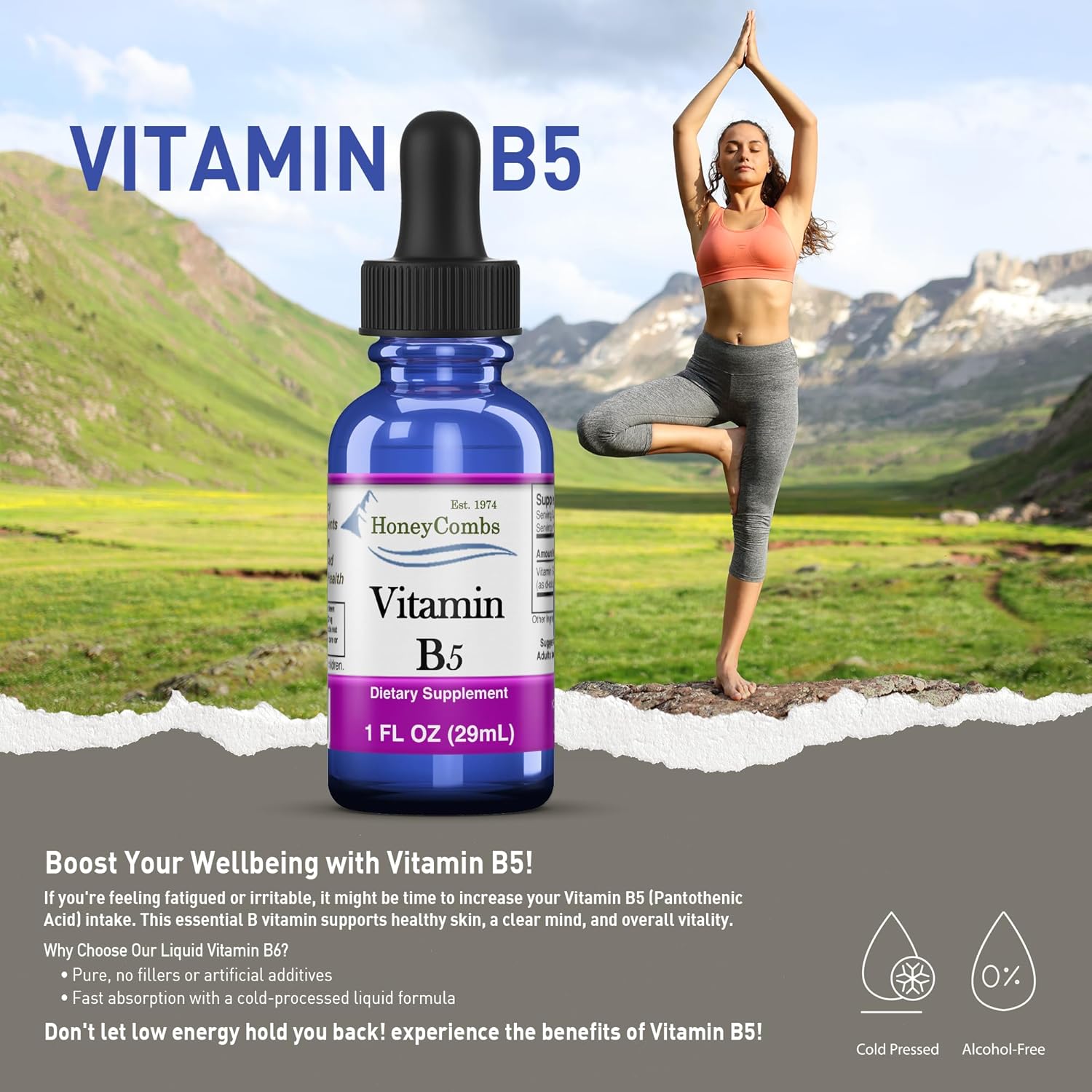 Organic Amish HoneyCombs Vitamin B5 Drops - Liquid Formula for Hormone Balance, Immune Health, Hair, Skin & Nails - Vegan & Alcohol-Free - 1 Fl Oz