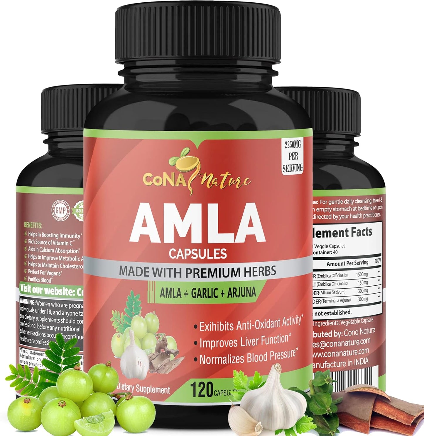 Organic Amla and Arjuna Capsules with Garlic - High Antioxidants and Immunity Support - 2250mg Natural Vitamin C Supplements - Energy Booster - 120 Capsules
