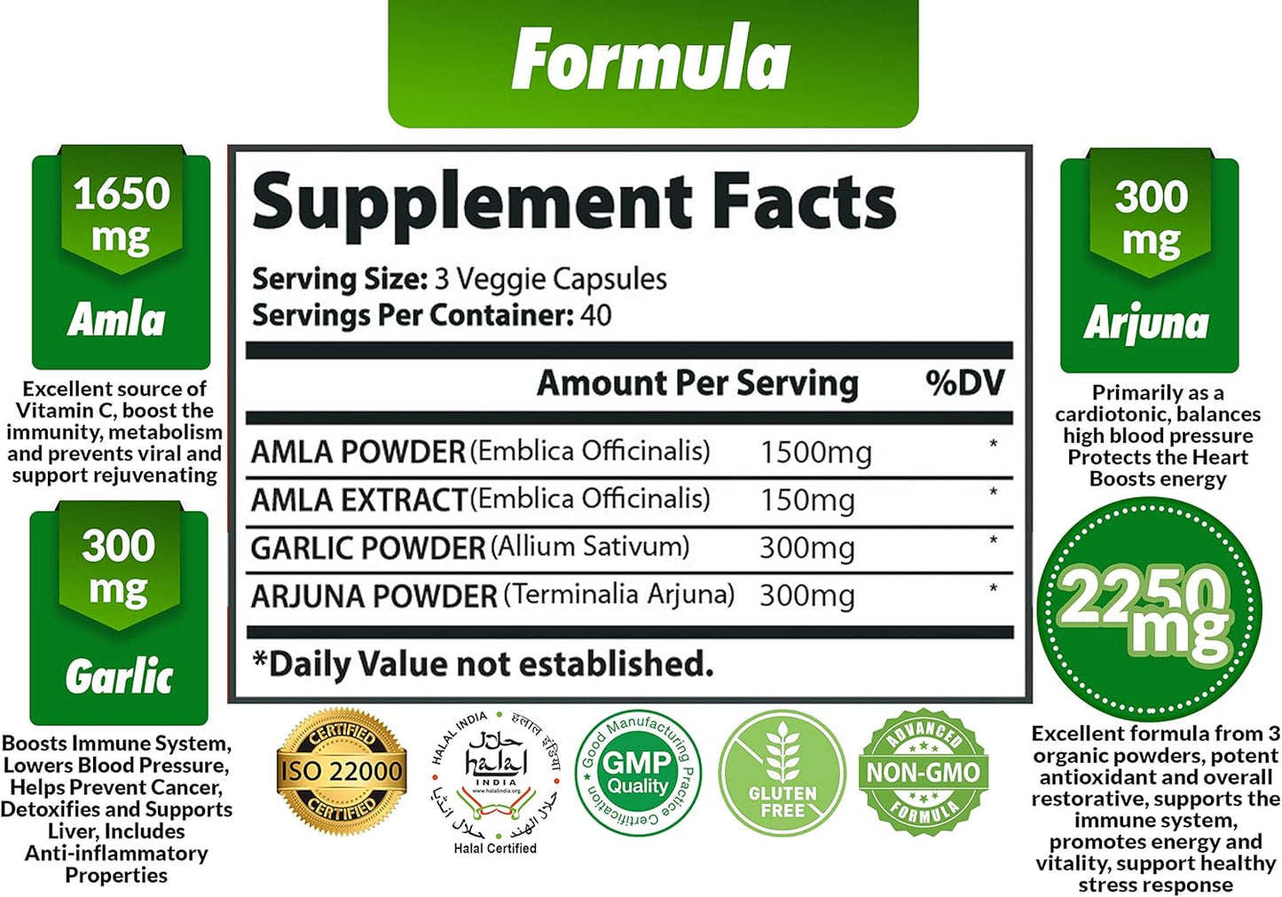 Organic Amla and Arjuna Capsules with Garlic - High Antioxidants and Immunity Support - 2250mg Natural Vitamin C Supplements - Energy Booster - 120 Capsules
