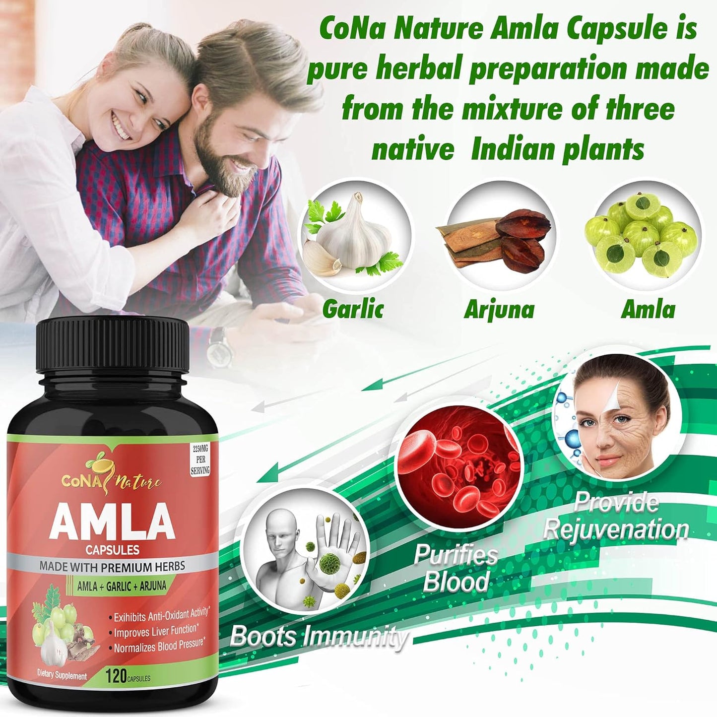 Organic Amla and Arjuna Capsules with Garlic - High Antioxidants and Immunity Support - 2250mg Natural Vitamin C Supplements - Energy Booster - 120 Capsules