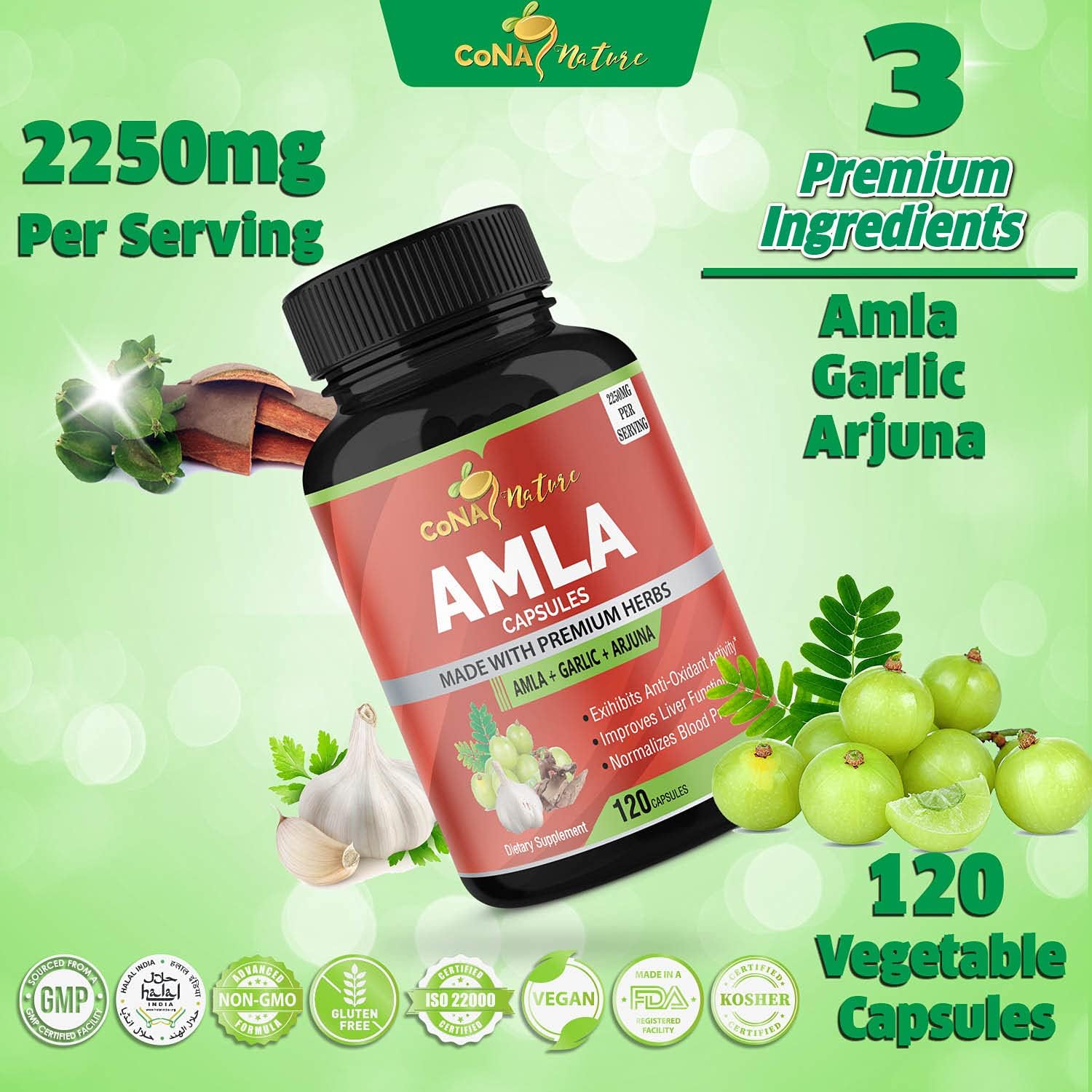 Organic Amla and Arjuna Capsules with Garlic - High Antioxidants and Immunity Support - 2250mg Natural Vitamin C Supplements - Energy Booster - 120 Capsules