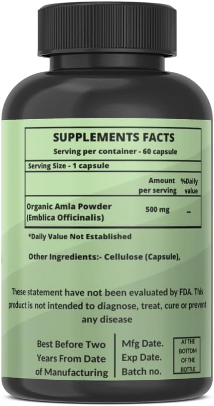 Organic Amla Capsules - Natural Vitamin C Supplement for Skin & Hair - 60 Capsules