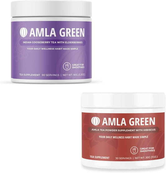 Organic Amla Green Powder & Green Tea Blend with Elderberries and Hibiscus, Antioxidant Superfood Supplement, Vegan-Friendly (90 Servings)