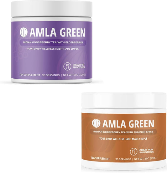 Organic Amla Green Powder & Green Tea Supplement with Elderberries and Pumpkin Spice - Antioxidant Support, Vegan (90 + 30 Servings)