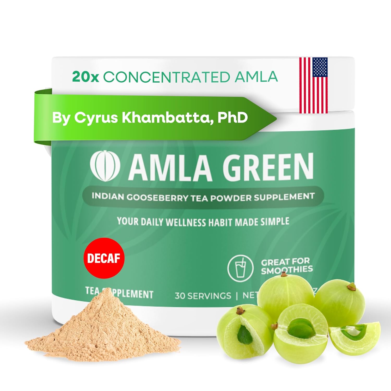 Organic Amla Green Tea Powder Supplement with Oolong Tea, Indian Gooseberries, Antioxidant Support, Vegan, Decaf, 30 Servings