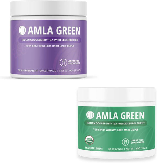 Organic Amla Green Tea Superfood Supplement with Elderberries & Indian Gooseberries - Antioxidant Support, Vegan (90 Servings)